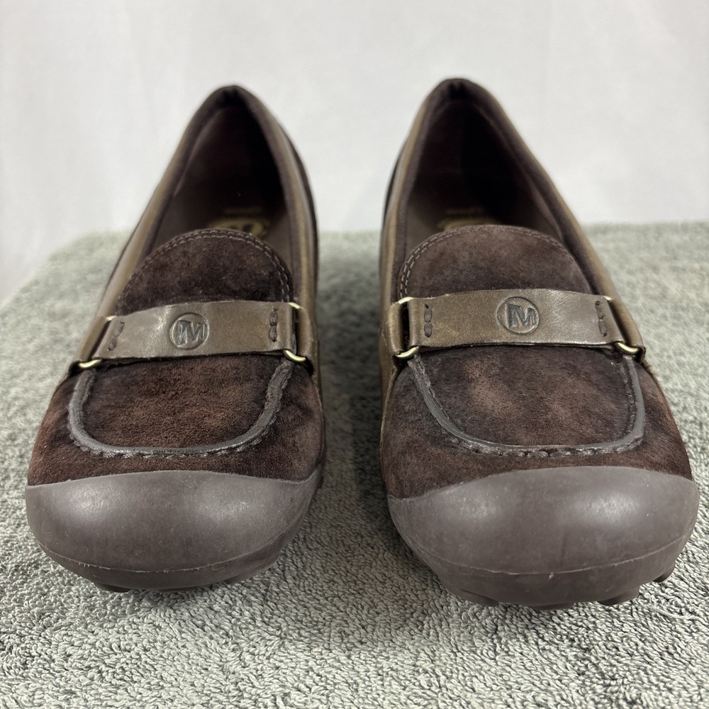 Merrell Plaza Glide Leather Shoes 7.5 Brown Slip On Air Cushion Qform OrthoLite